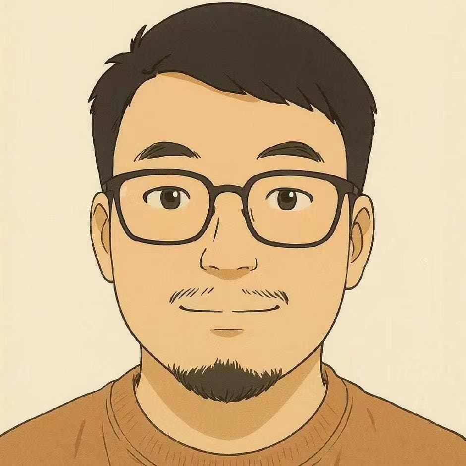 Illustrated portrait of Tim Zhang wearing glasses.