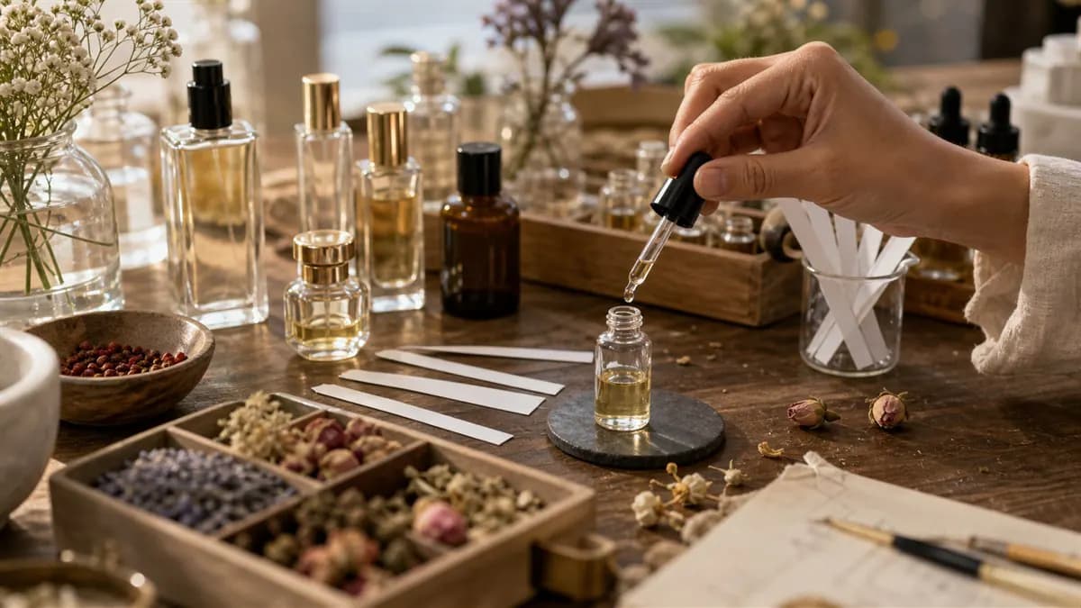 A hands-on perfume blending workshop table.