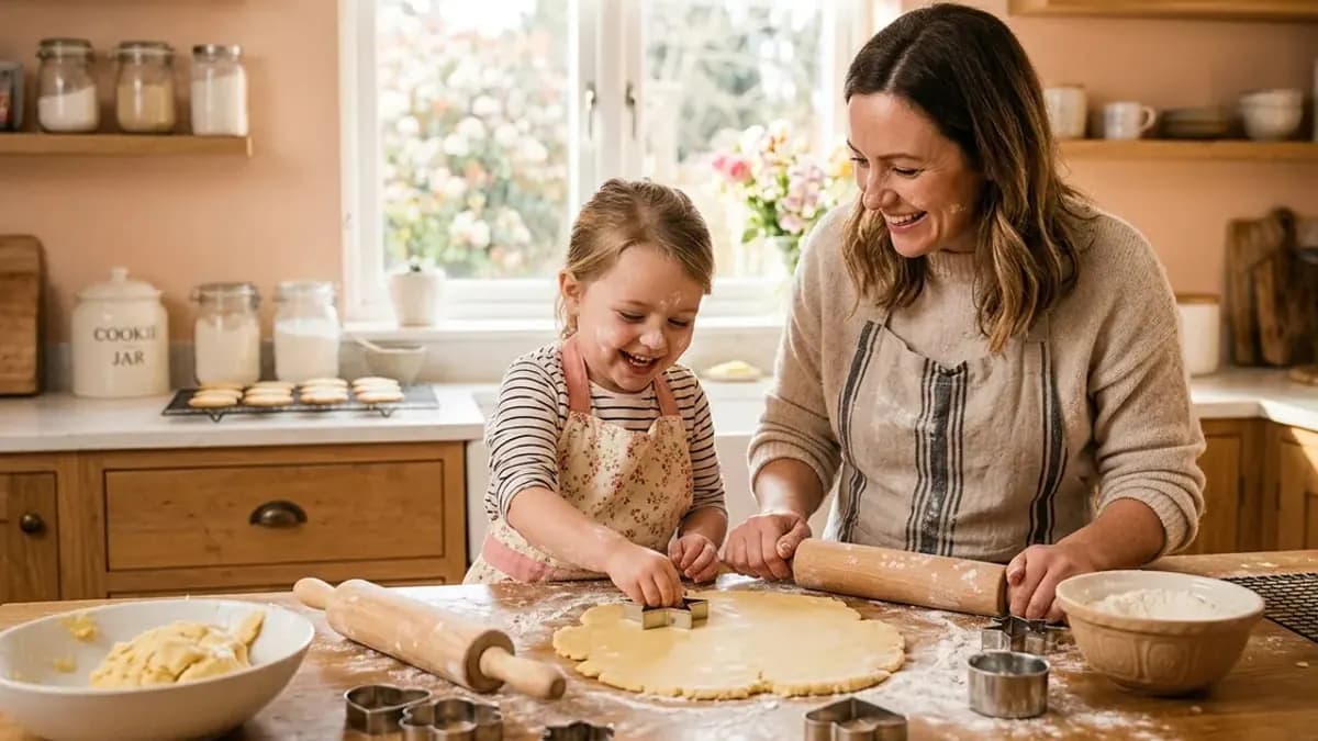 A parent and child baking together in a warm kitchen.