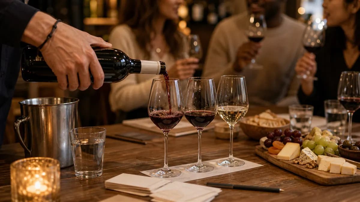 A small wine tasting social with glasses on a table.