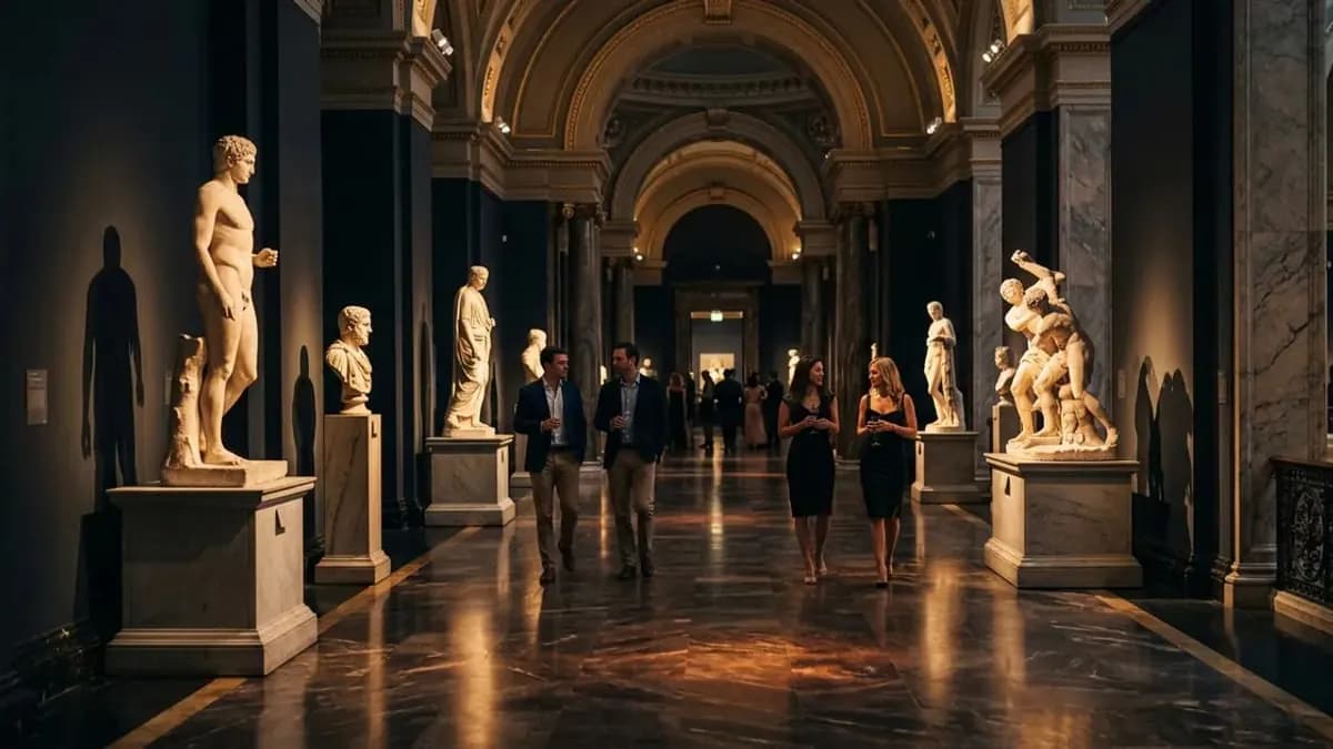 People sharing a conversation in a gallery.