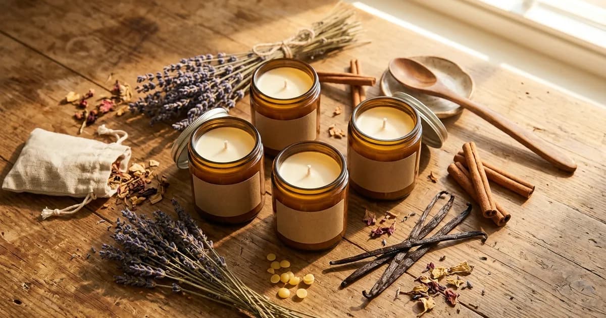 Workshop table with candle making materials.