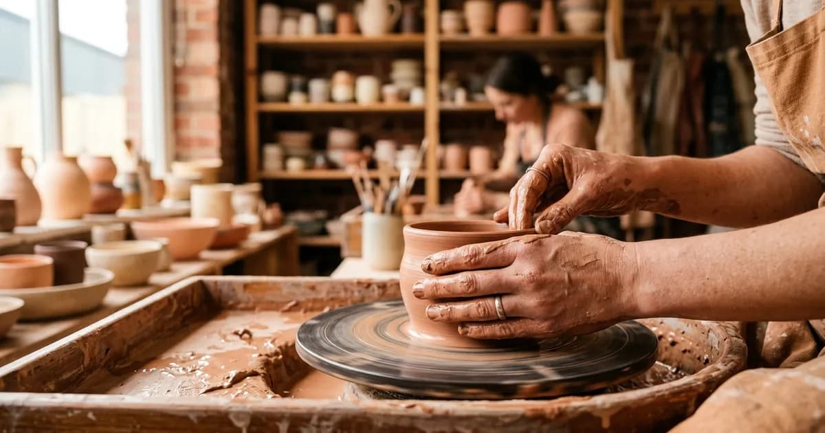 Hands-on pottery workshop table with clay and tools.