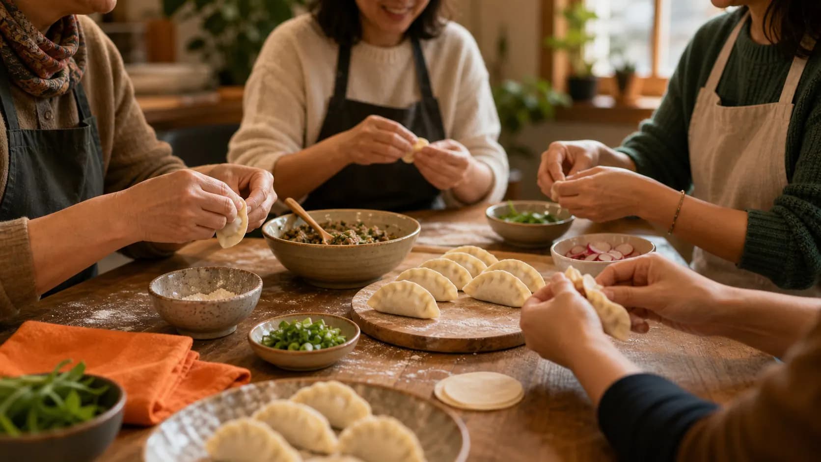 People preparing food together around a cooking table.