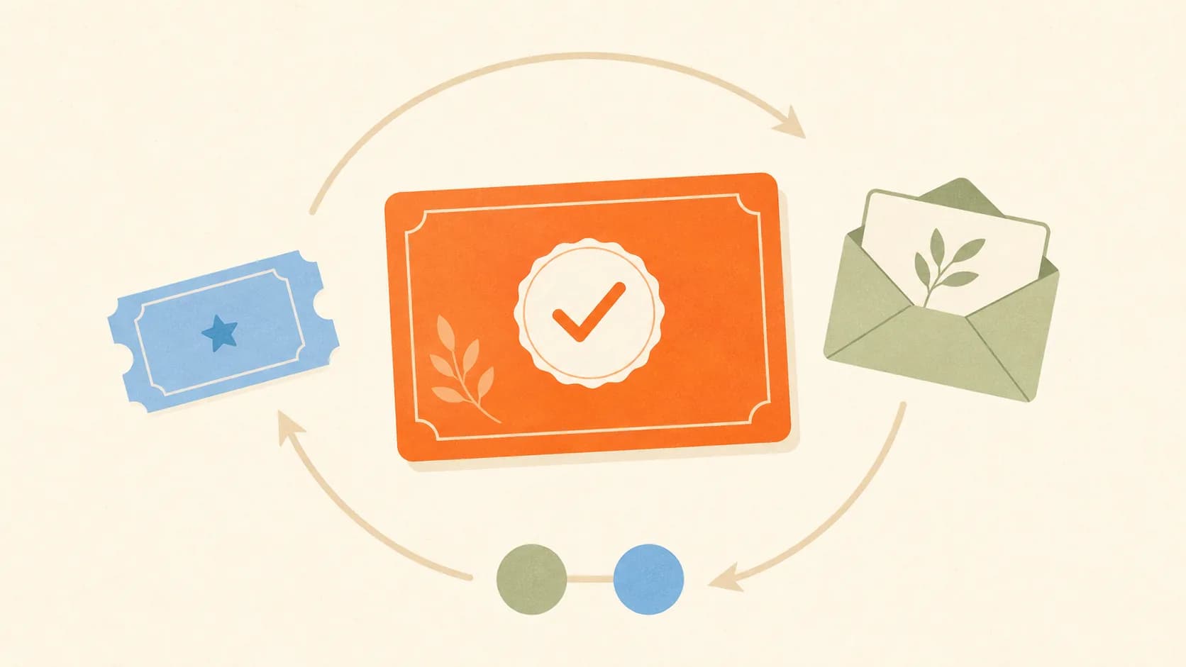 Editorial illustration of an RSVP card leading to a follow-up note, next-event ticket, and voluntary sharing.