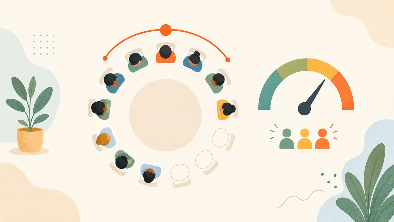 Editorial illustration of a balanced seating circle and capacity gauge.