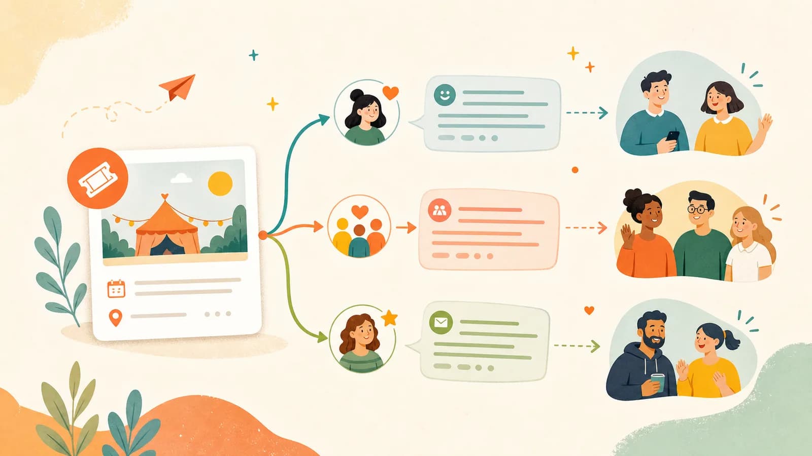 Editorial illustration of invitation messages branching from an event page to diverse attendees.