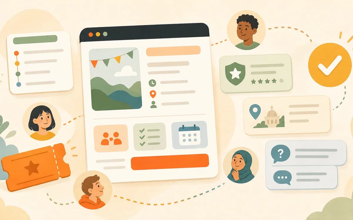 Editorial illustration of an event page with agenda, ticket, FAQ, and trust checklist elements.