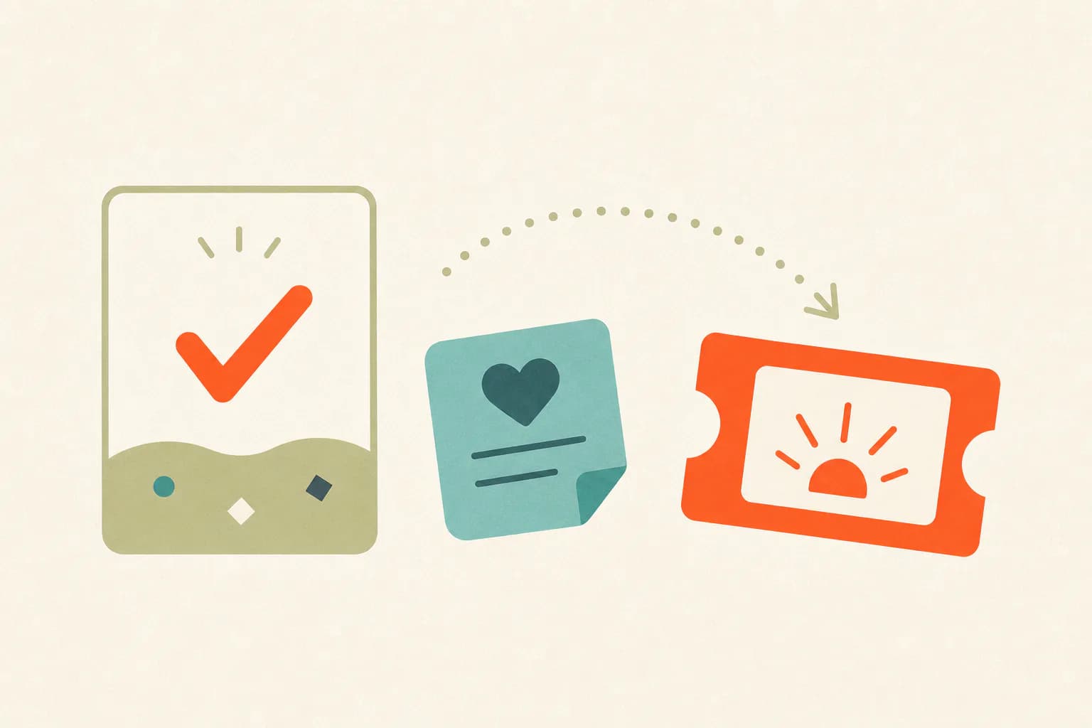 Flat editorial illustration of an event outcome card, a feedback note, and a future event ticket.