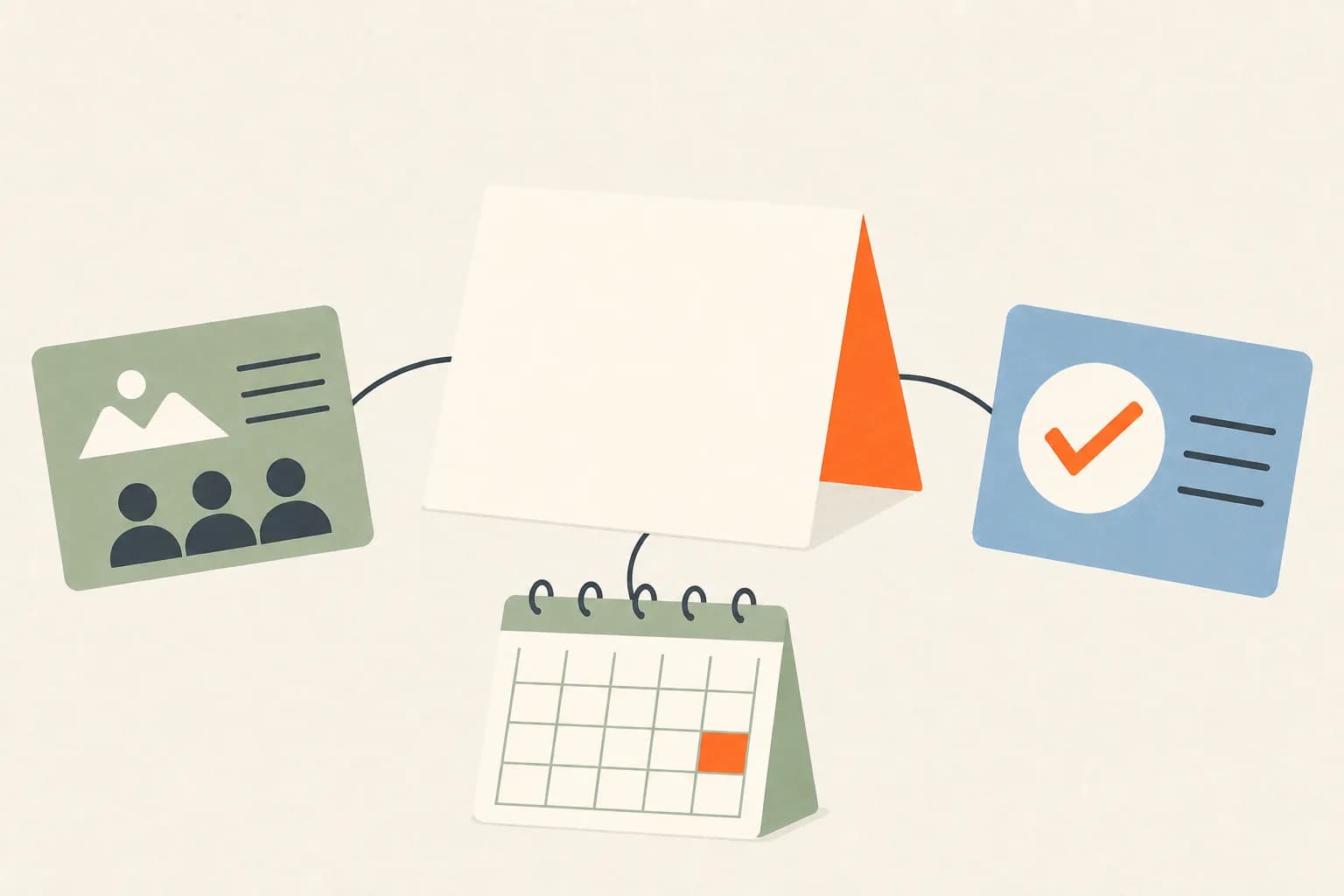 Flat editorial illustration of a thank-you note connecting a shared resource, feedback card, and future event calendar.