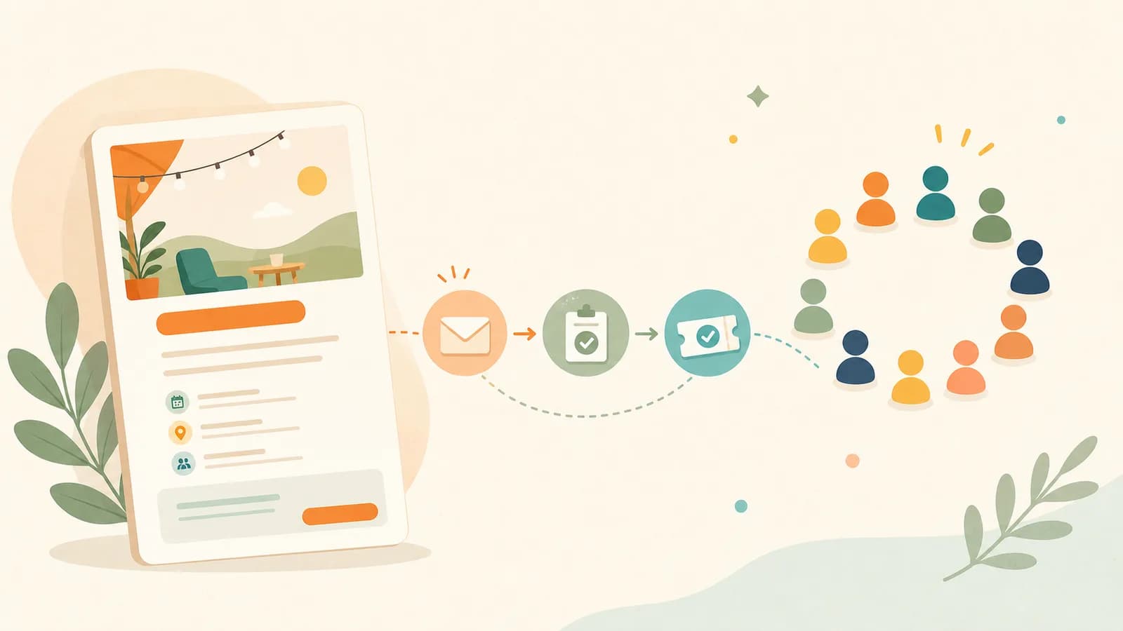 Editorial illustration of an event page leading to the first ten attendee confirmations.