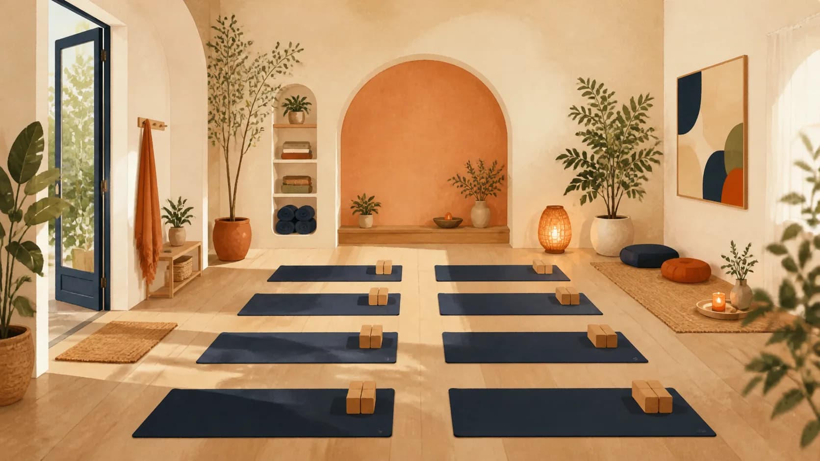 Editorial illustration of an open studio entrance, eight yoga mats with blocks, and a calm closing area.