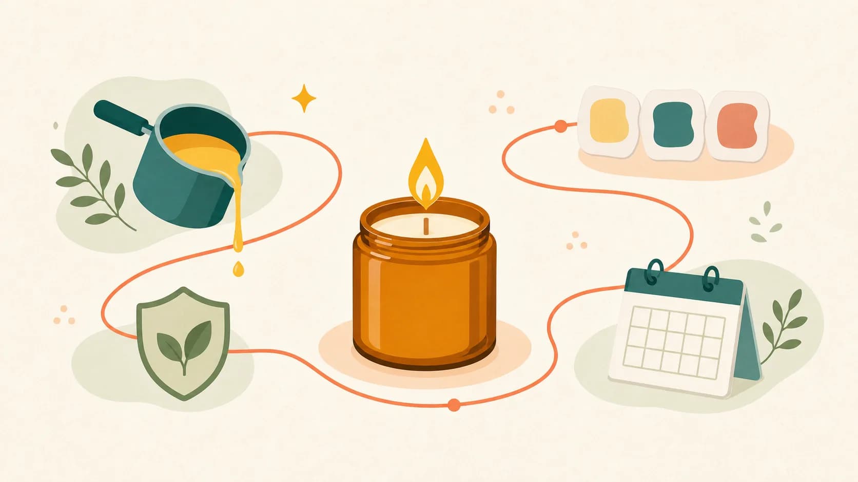 Flat editorial illustration of candle-making materials, workshop tools, and a calm first-project plan.