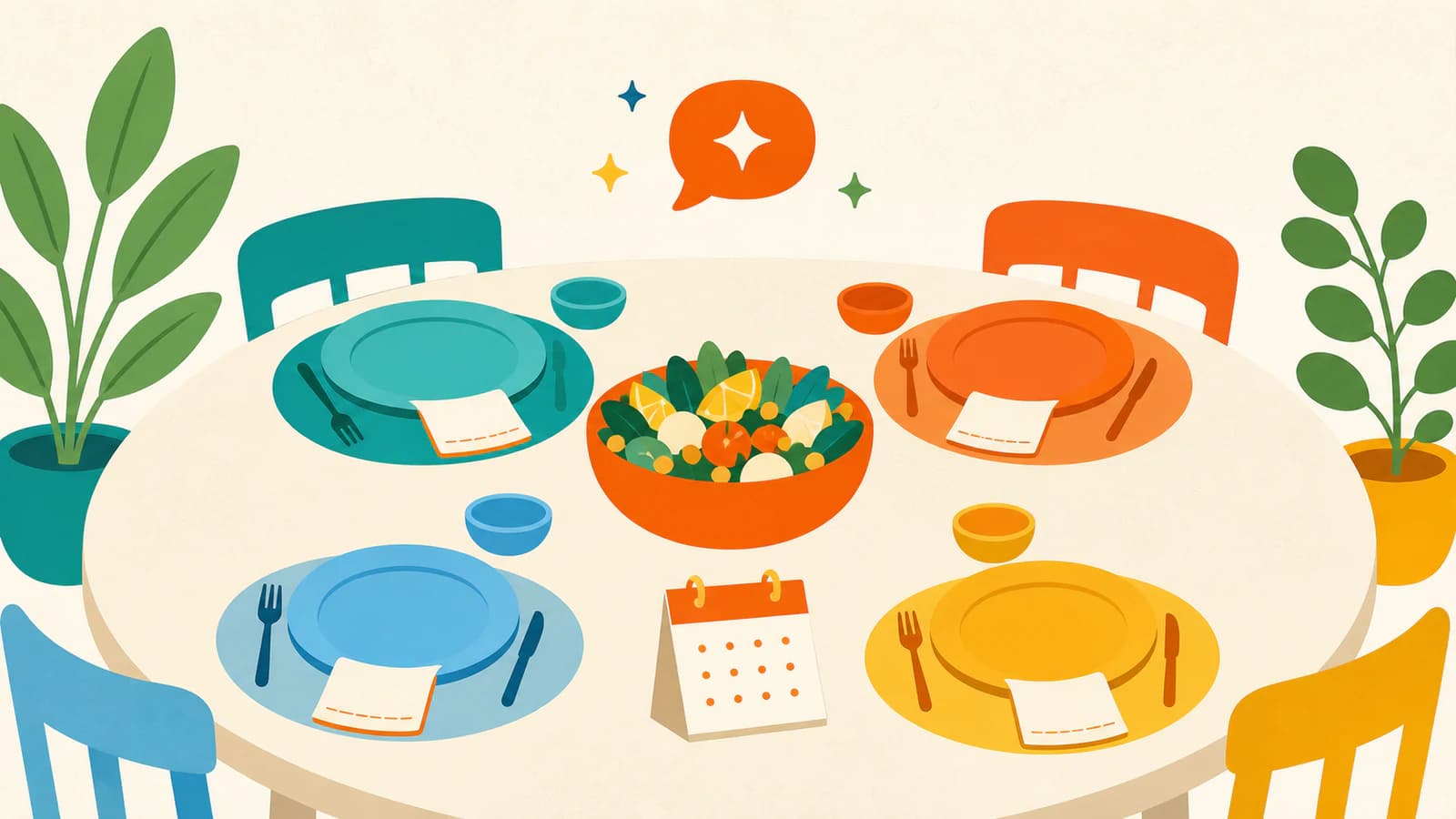 Flat editorial illustration of a dinner-club table with place settings, a shared bowl, and a conversation cue.