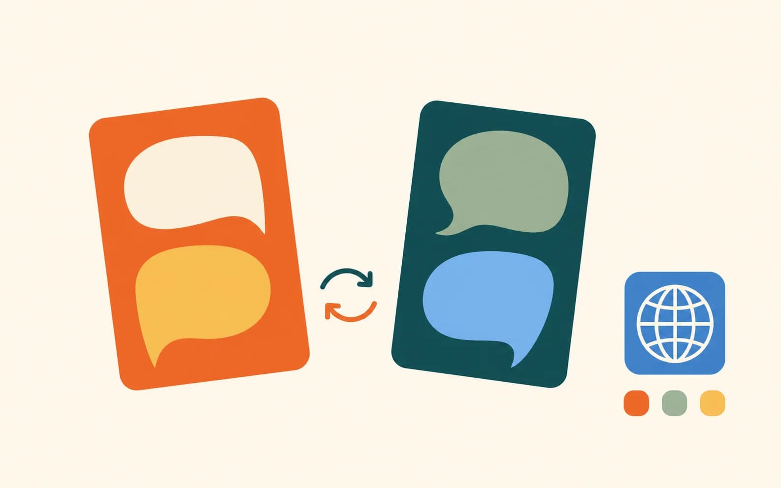 Flat editorial illustration of two language prompt cards, a paired rotation arrow, and a small globe tile.