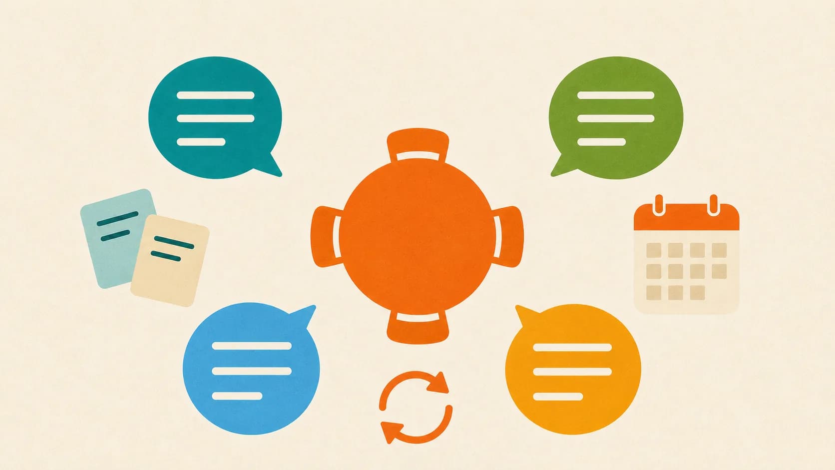 Flat editorial illustration of a central meeting point with conversation bubbles, calendar, and name cards.