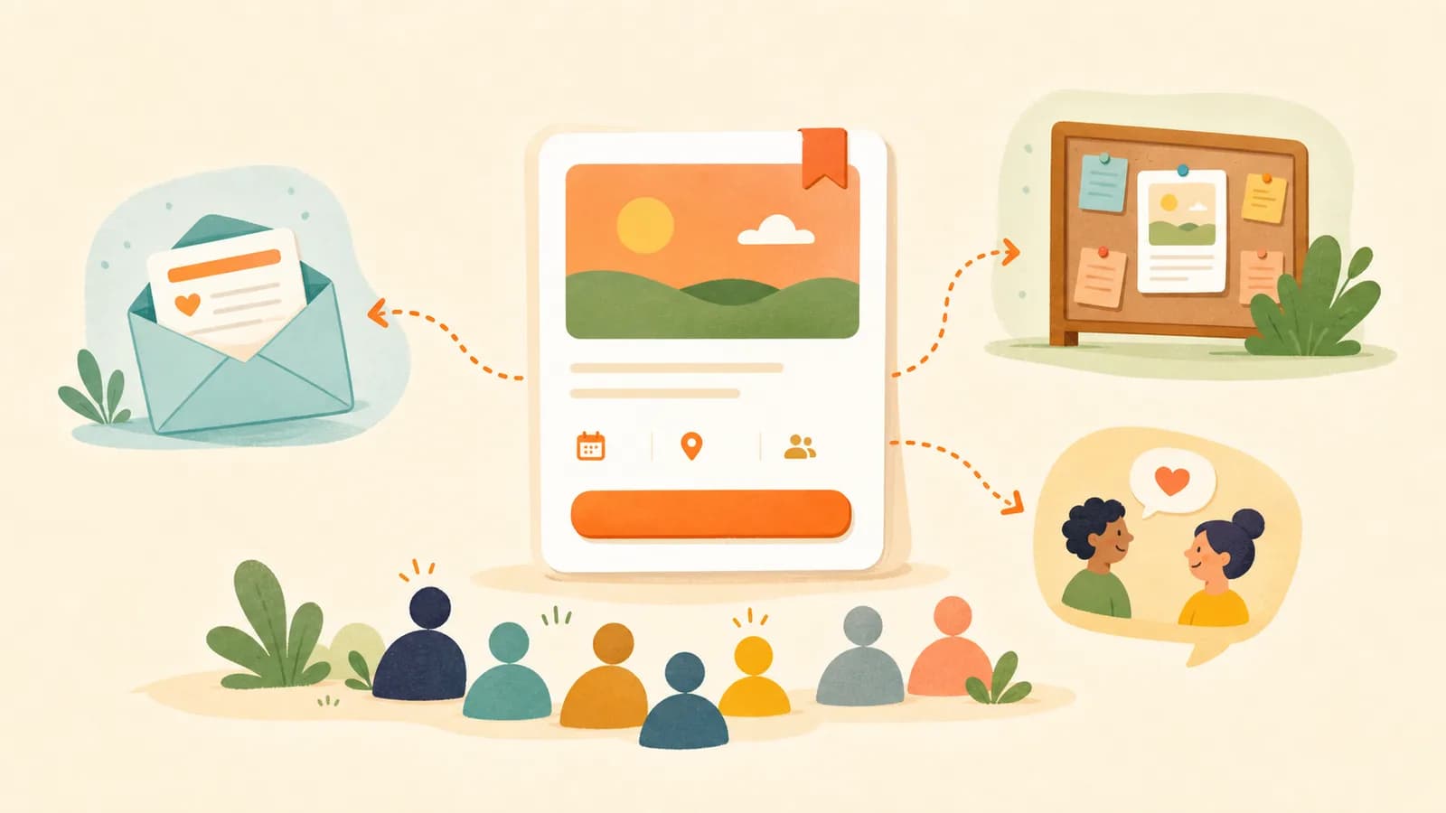 Editorial illustration of an event page shared through trusted organic promotion channels.