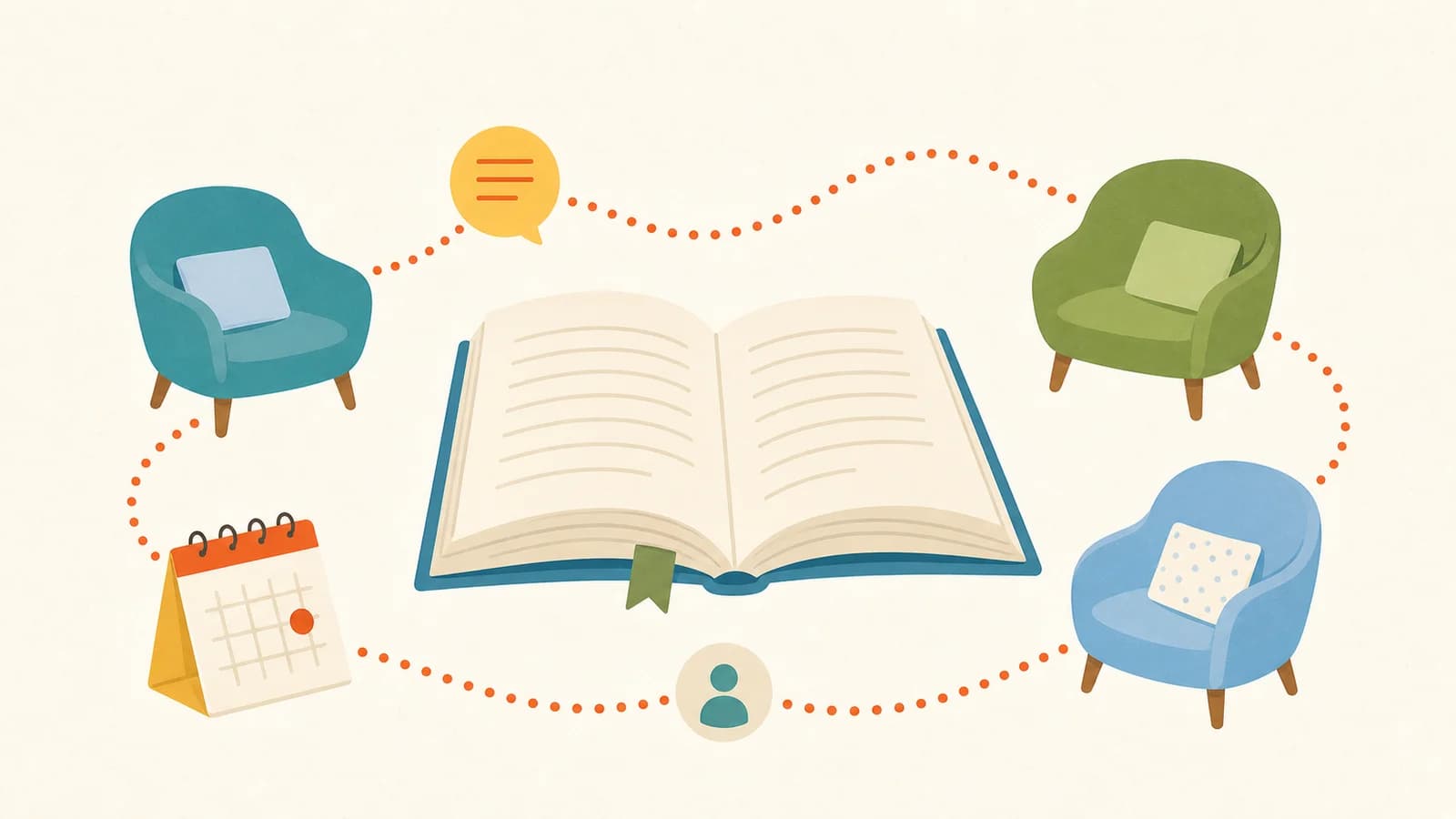 Flat editorial illustration of an open book, discussion seats, calendar card, and conversation prompt connected by a warm path.