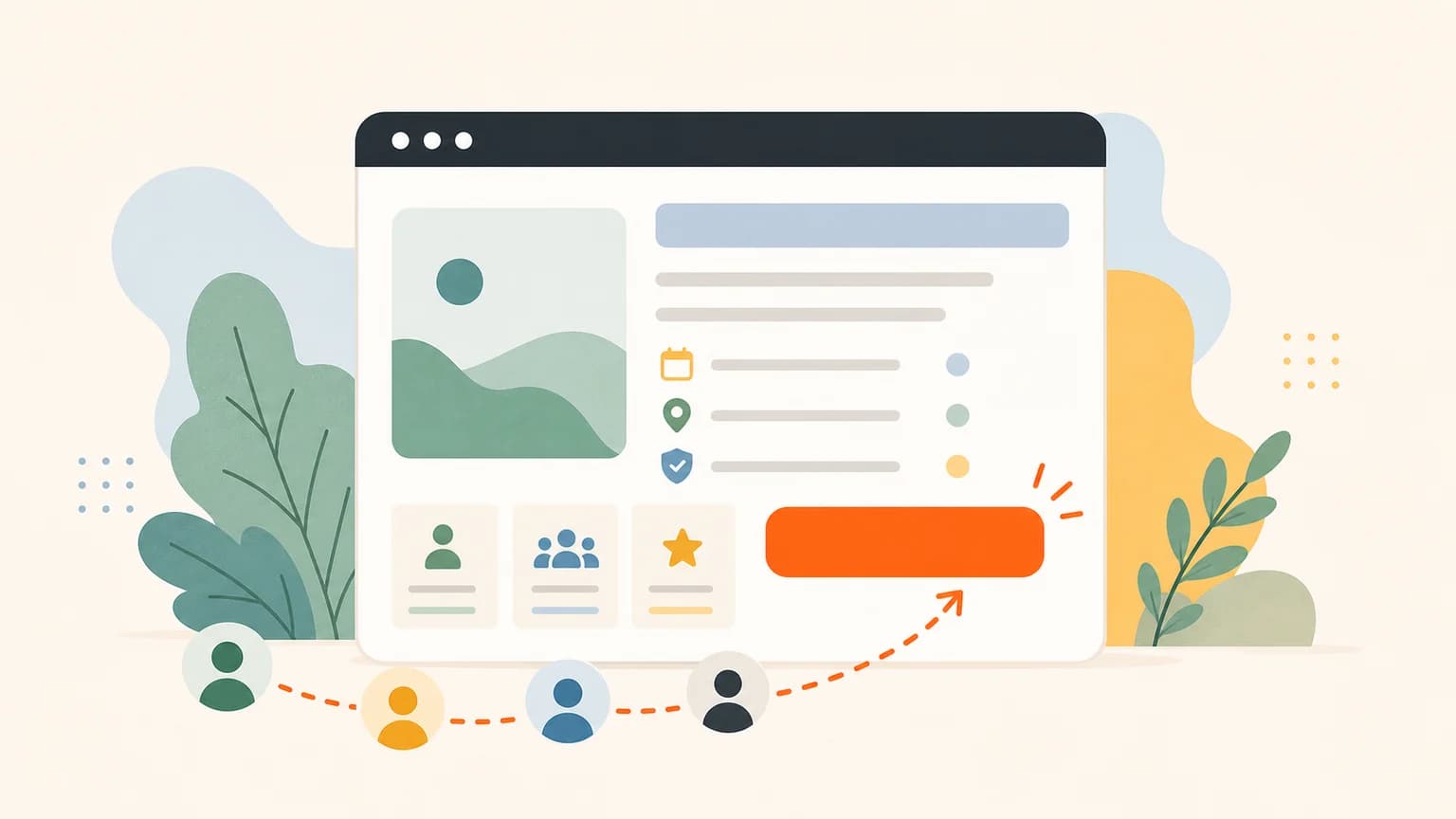Editorial illustration of attendee dots moving toward a clear event page signup action.