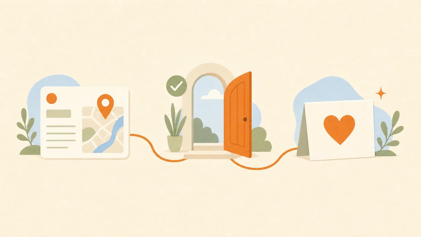 Editorial illustration of a guest journey from a clear event card to a welcoming doorway and thank-you note.
