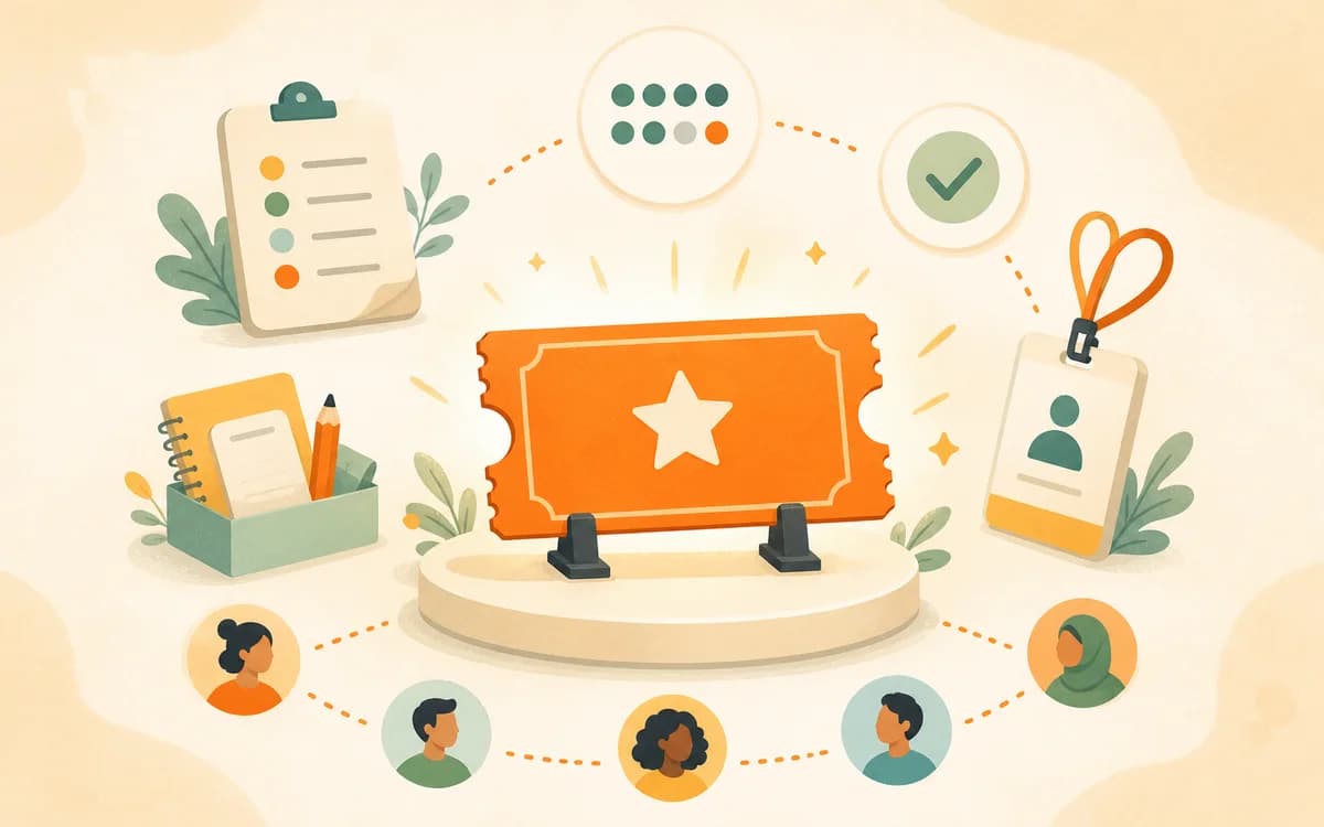 Editorial illustration of a valuable event ticket surrounded by agenda, materials, and trust signals.