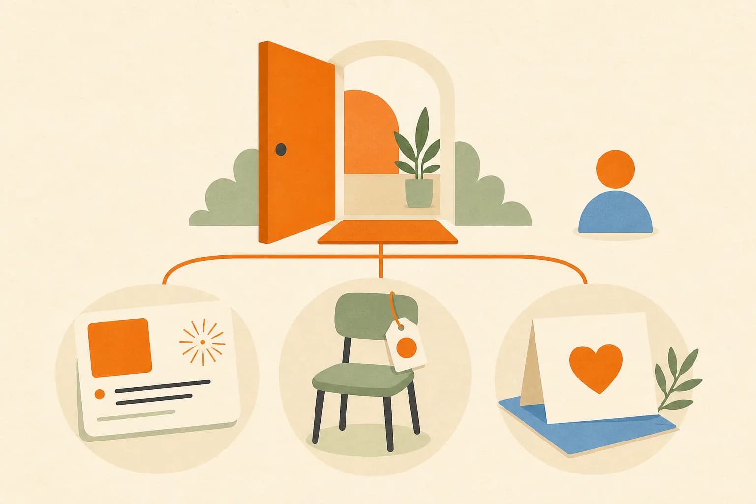Flat editorial illustration of a welcoming doorway connected to clear event, seating, and thank-you cues.
