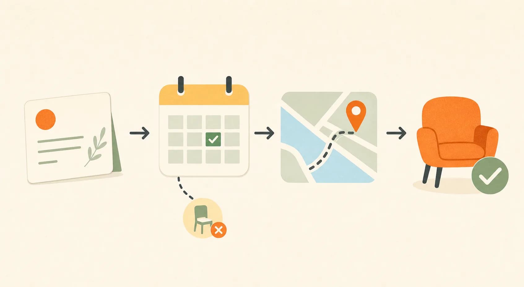 Editorial illustration of an RSVP card, calendar, route marker, and welcoming chair along an attendance path.