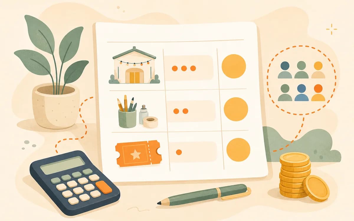 Editorial illustration of an event budget worksheet with calculator, coins, and capacity dots.