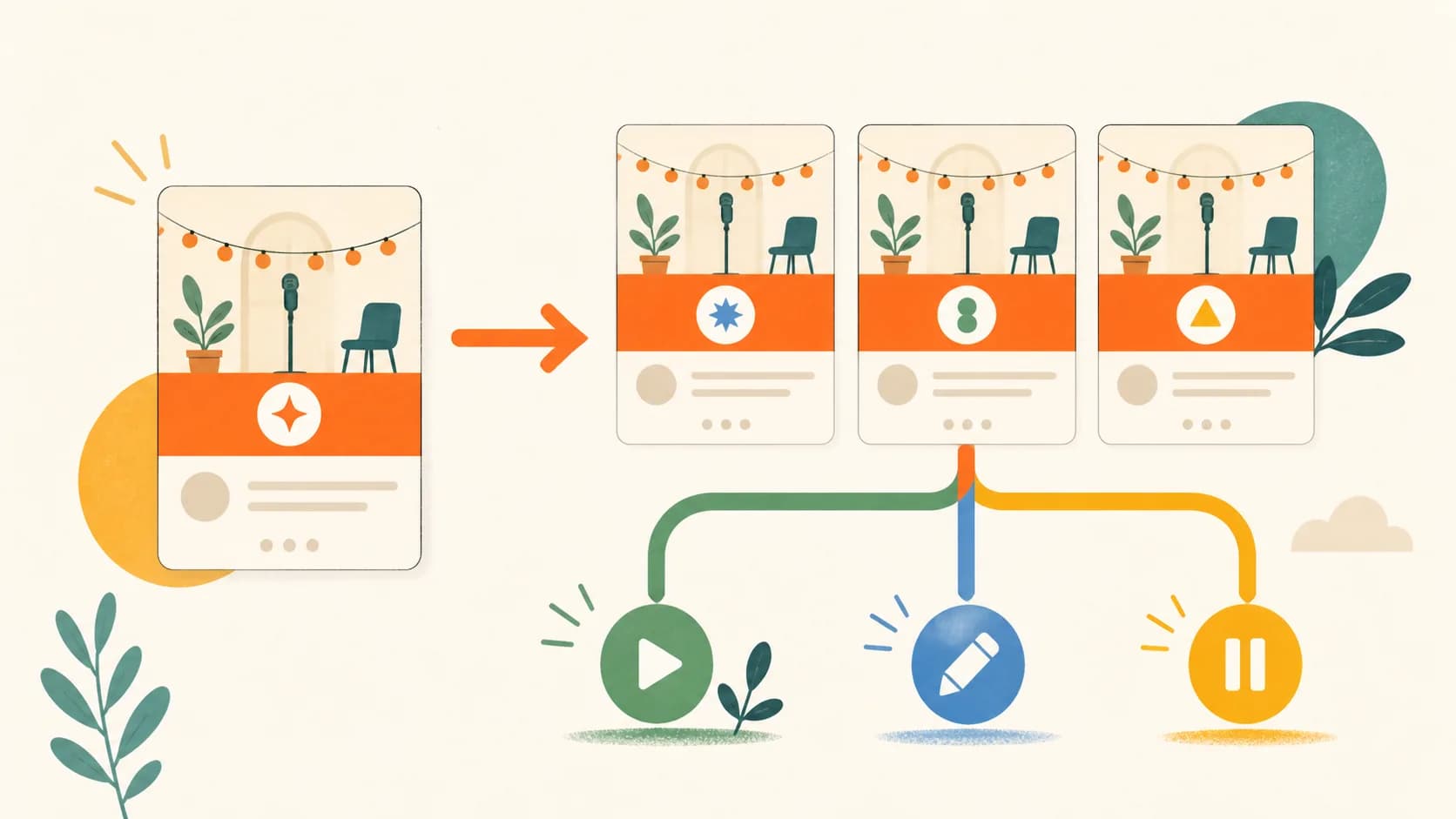 Flat editorial illustration of one event becoming three related editions with continue, modify, and pause paths.
