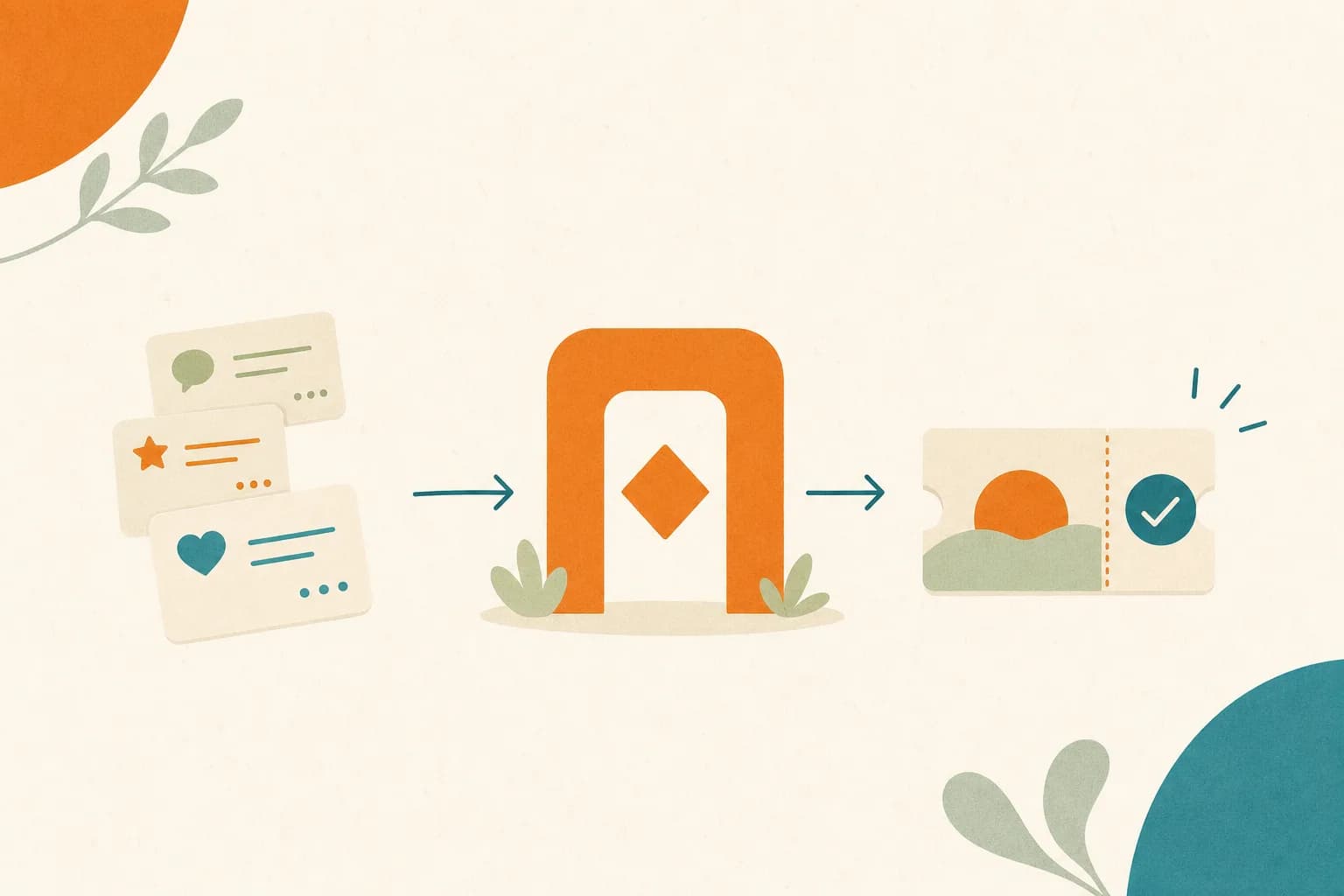 Flat editorial illustration of feedback cards passing through a decision gate to a refreshed event ticket.