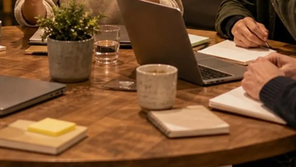 A small group planning together around a workshop table.