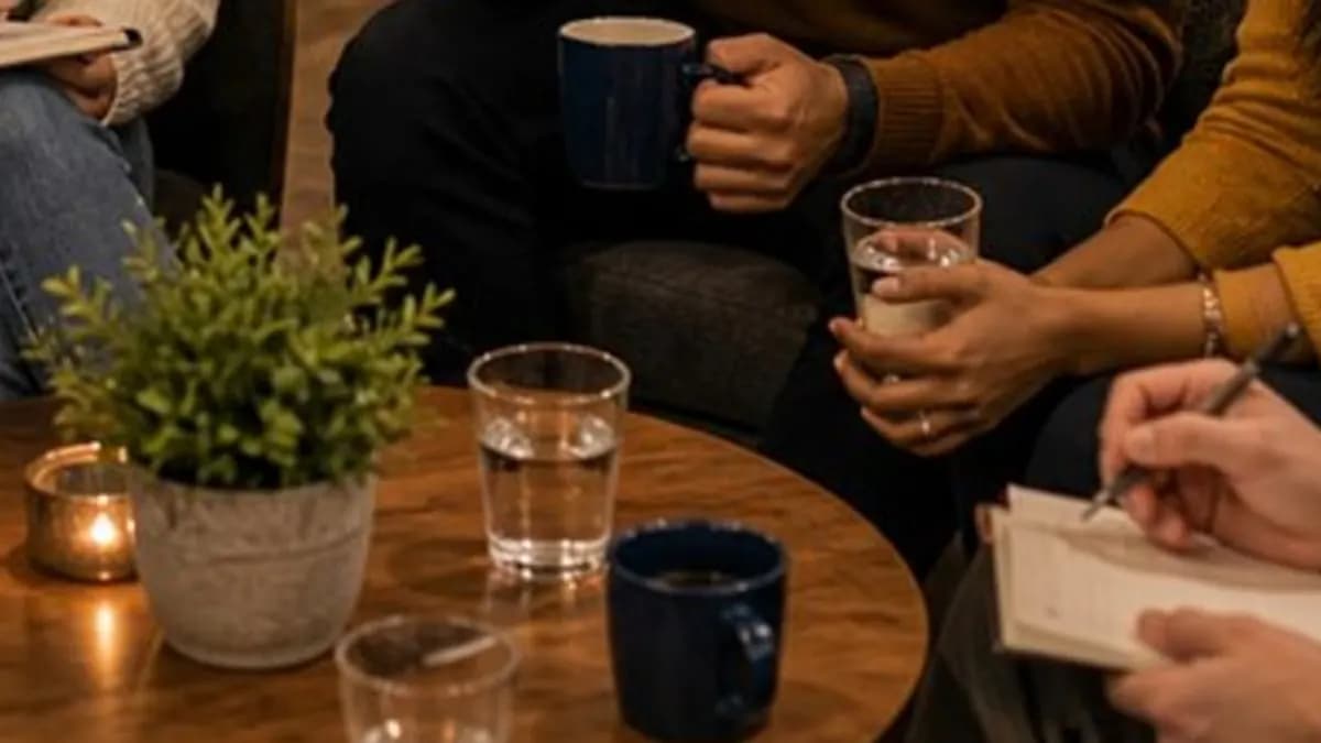 A small language exchange gathering at night.